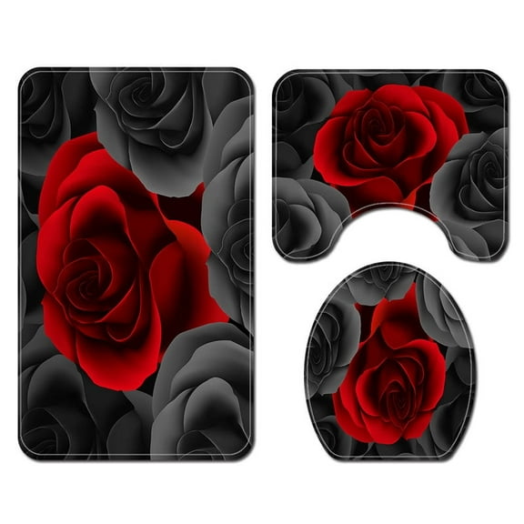 WEXIA Bath Rugs 3Pcs/Set Soft Bathroom Mats Non-Slip Absorbent Red Gray Flowers Machine Washable