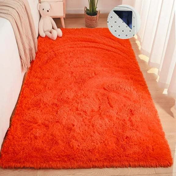 WEXIA Orange Shaggy Area Rug 2.6 x 5.2ft Non-Slip Backing Floor Mat Soft Plush Furry Bedroom Carpet