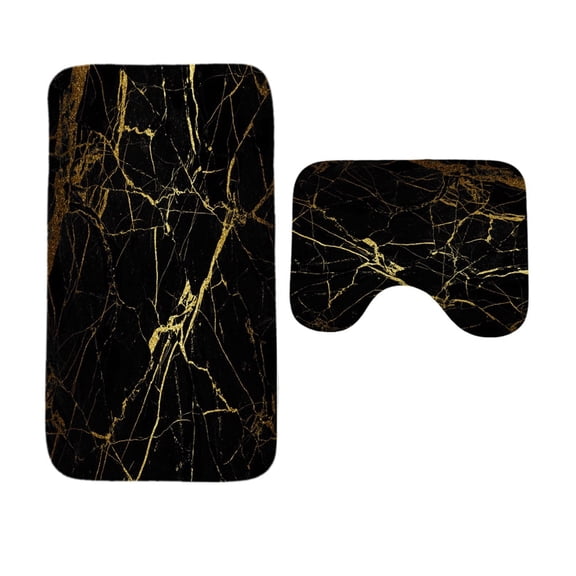 WEXIA Set of 2 Pcs Soft Memory Foam Bath Rugs Black Gold Marbling Toilet Mats Non-Slip Water Absorbent Bathroom Floor Mats Machine Washable