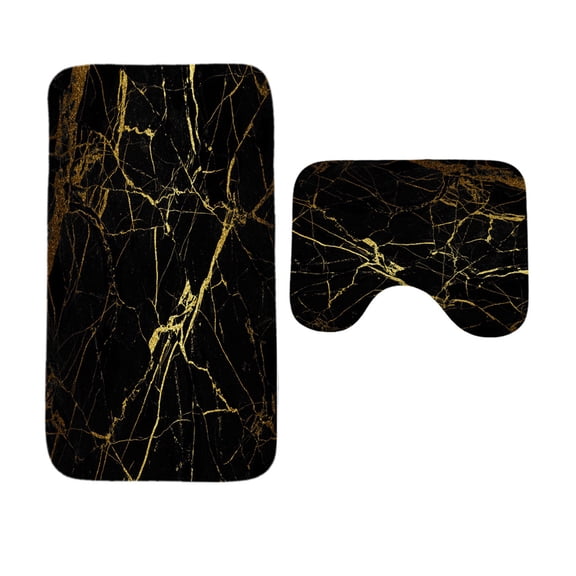 WEXIA Set of 2 Pcs Soft Memory Foam Bath Rugs Black Gold Marbling Toilet Mats Non-Slip Water Absorbent Bathroom Floor Mats Machine Washable