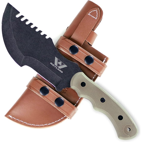 WEYLAND Tracker Knife - Full Size Bushcraft Outdoor Survival Knife Fixed Blade with Leather Horizontal Draw Belt Sheath, A Full Tang Tom Brown Style Hunting Scout Carry Knife that Tops your Tactical,