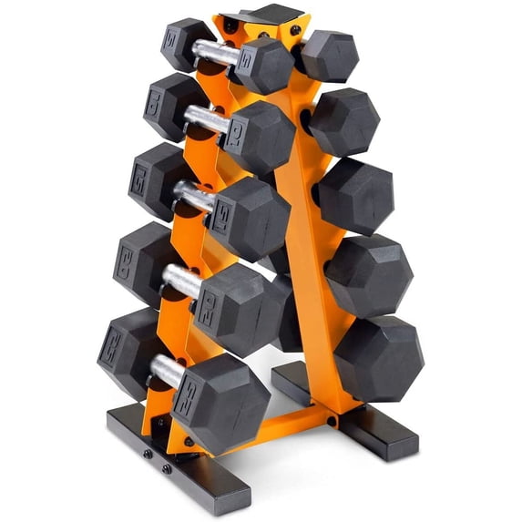 WF Athletic Supply 5-25Lb Rubber Coated Hex Dumbbell Set with A Frame ...