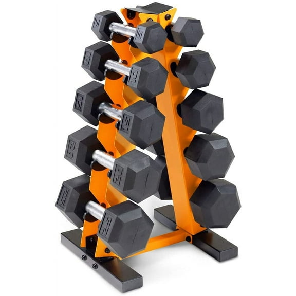 WF Athletic Supply 5-25Lb Rubber Coated Hex Dumbbell Set with A Frame Storage Rack Non-Slip Hex Shape for Muscle Toning, Strength Building & Weight Loss - Multiple Choices Available