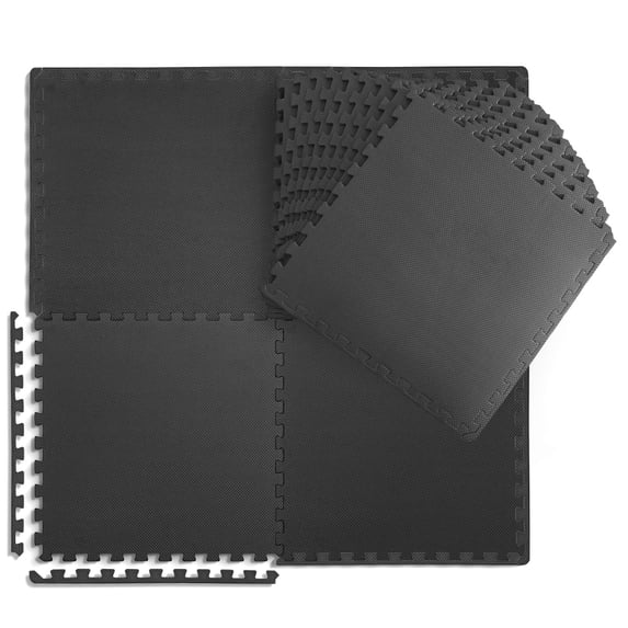 WF Athletic Supply 96 SQ.FT T-Pattern 1/2-Inch Thickness Interlocking Exercise Foam Mats, Extra Thick Eva Foam Flooring Tiles, Gym Fitness Equipment Mat, Home Protective Flooring Cushion, Black