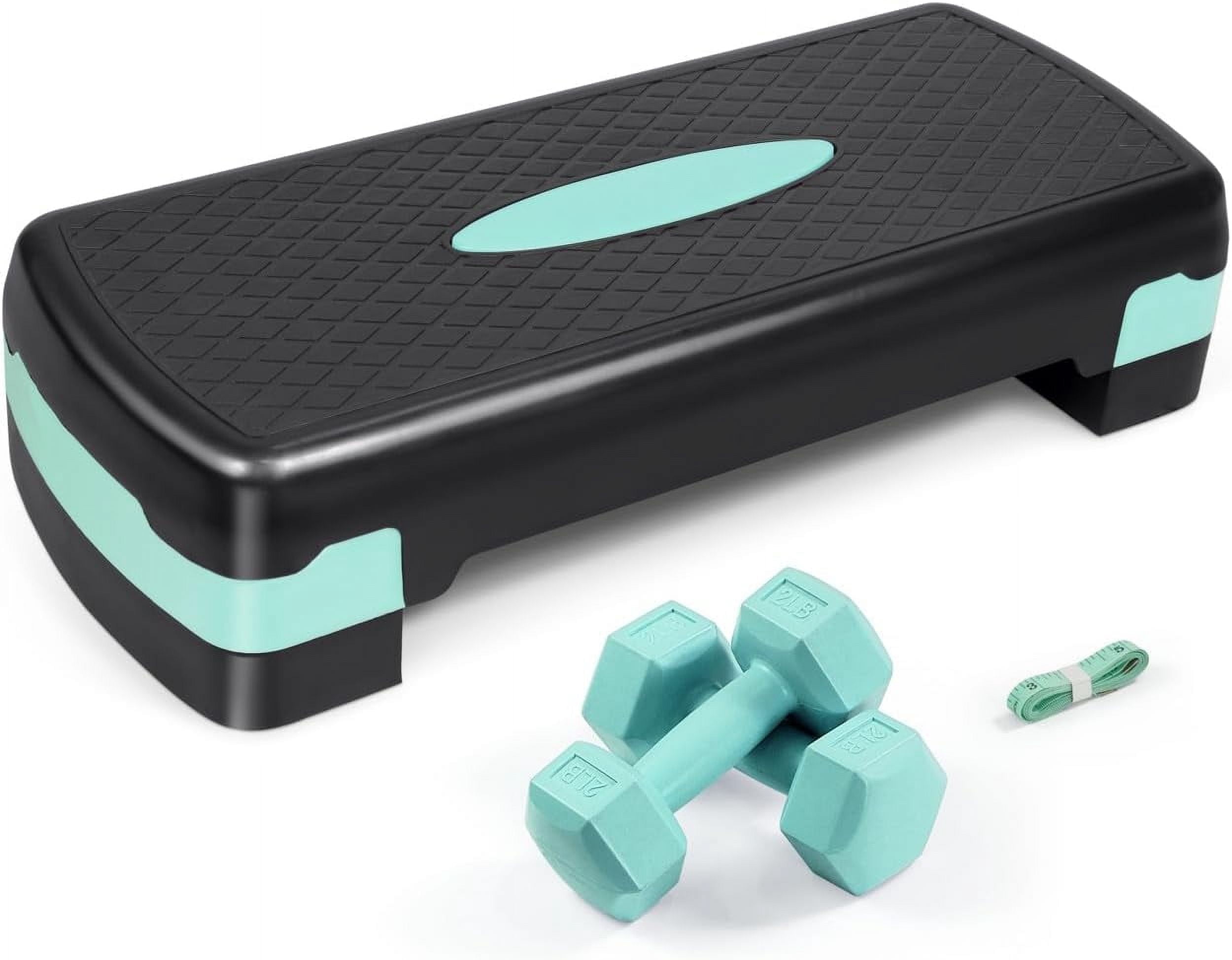 WF Athletic Supply Aerobic Stepper Set with Dumbbells & Measuring Tape, Adjustable Height 2 Level Risers Workout Exercise Step Platform Trainer for Home Gym Exercise Fitness Workout, Green