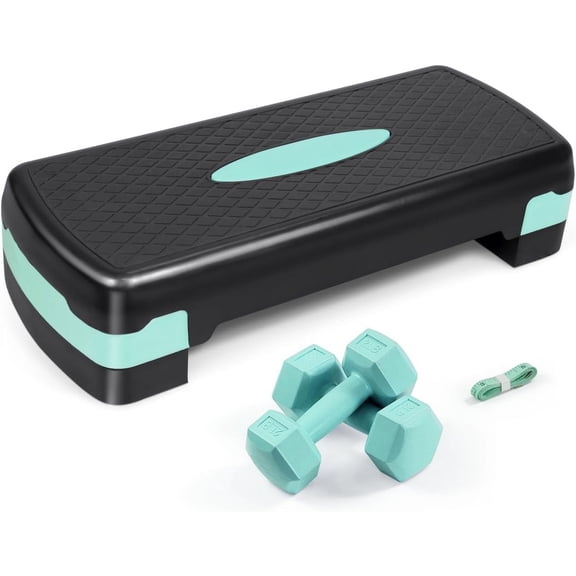 WF Athletic Supply Aerobic Stepper Set with Dumbbells & Measuring Tape, Adjustable Height 2 Level Risers Workout Exercise Step Platform Trainer for Home Gym Exercise Fitness Workout, Green