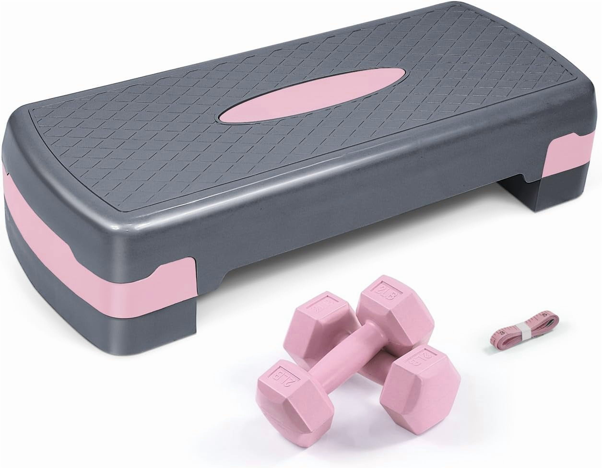 WF Athletic Supply Aerobic Stepper Set with Dumbbells & Measuring Tape, Adjustable Height 2 Level Risers Workout Exercise Step Platform Trainer for Home Gym Exercise Fitness Workout, Pink