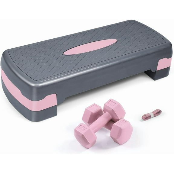 WF Athletic Supply Aerobic Stepper Set with Dumbbells & Measuring Tape, Adjustable Height 2 Level Risers Workout Exercise Step Platform Trainer for Home Gym Exercise Fitness Workout, Pink