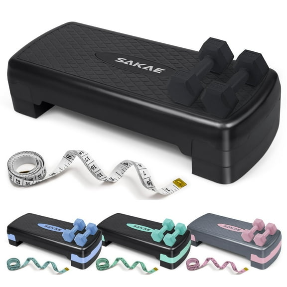 WF Athletic Supply Aerobic Stepper Set with Dumbbells & Measuring Tape, Adjustable Height 2 Level Risers Workout Exercise Step Platform Trainer for Home Gym Exercise Fitness Workout, Black