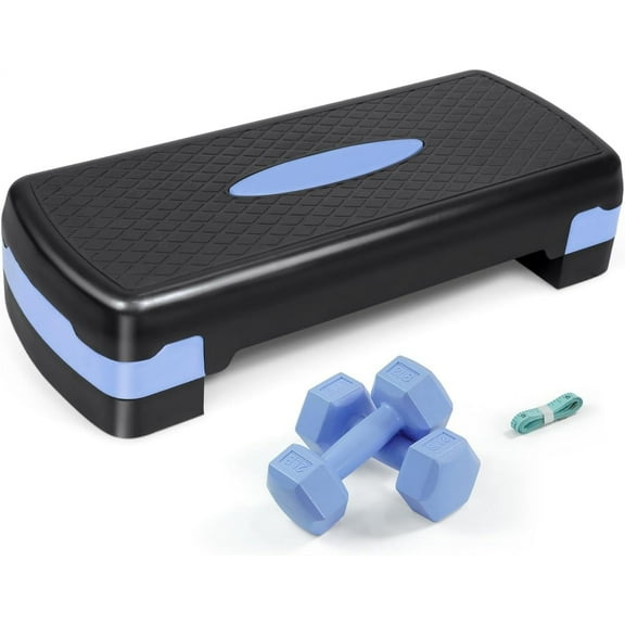 WF Athletic Supply Aerobic Stepper Set with Dumbbells & Measuring Tape, Adjustable Height 2 Level Risers Workout Exercise Step Platform Trainer for Home Gym Exercise Fitness Workout, Blue