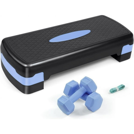 WF Athletic Supply Aerobic Stepper Set with Dumbbells & Measuring Tape, Adjustable Height 2 Level Risers Workout Exercise Step Platform Trainer for Home Gym Exercise Fitness Workout, Blue