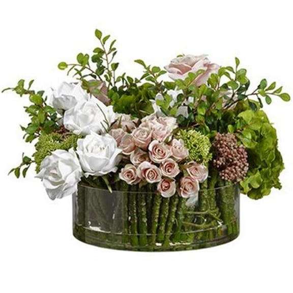 WF9117-PK-WH 14 x 20 x 18 in. Hydrangea & Rose Mixed in Glass Cylinder - Pink & White