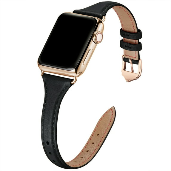 WFEAGL Apple Watch Leather Band Replacement Wristband 42mm 44mm 45mm Black/Gold