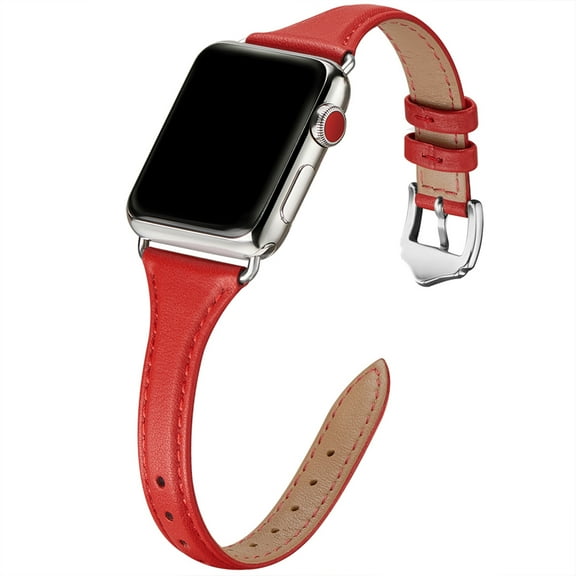 WFEAGL Apple Watch Leather Band Replacement Wristband 42mm 44mm 45mm Red/Silver