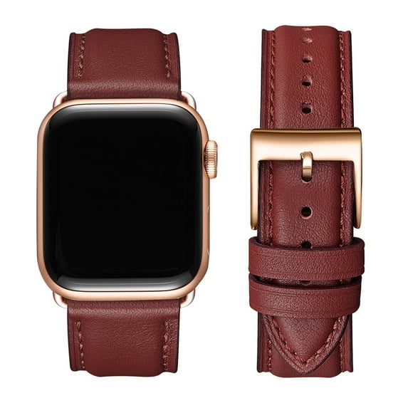 WFEAGL Apple Watch Series Genuine Leather Replacement Band 42mm 44mm 45mm Wine Red/Rose Gold