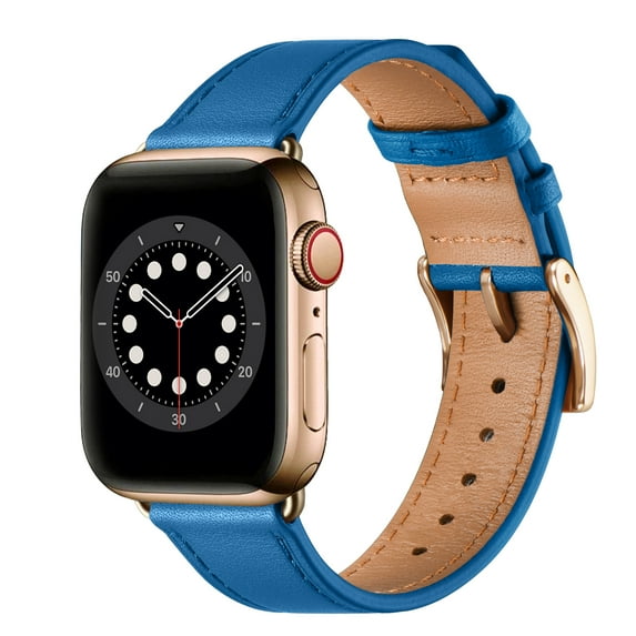 WFEAGL Genuine Leather Business Replacement Apple Watch Bands 38mm 40mm 41mm Blue/Gold