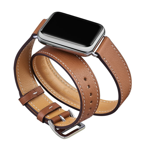 WFEAGL iWatch Band Leather Double Tour Replacement Band 38mm 40mm Brown/Silver