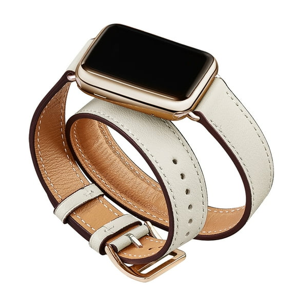 WFEAGL iWatch Band Leather Double Tour Replacement Band 38mm 40mm Ivory/Gold
