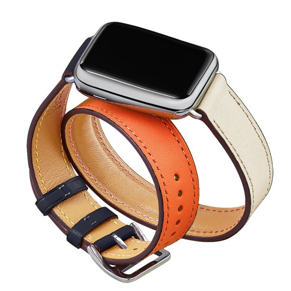 WFEAGL iWatch Band Leather Double Tour Replacement Band 38mm 40mm Ivory Orange Blue/Silver