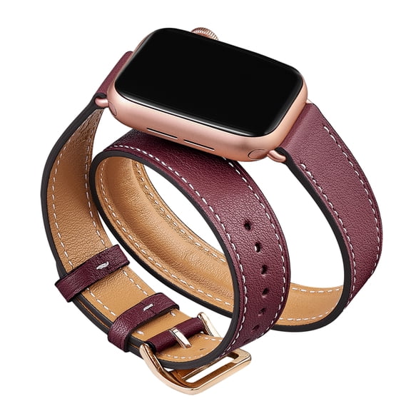 WFEAGL iWatch Band Leather Double Tour Replacement Band 38mm 40mm Wine Red/Rose Gold