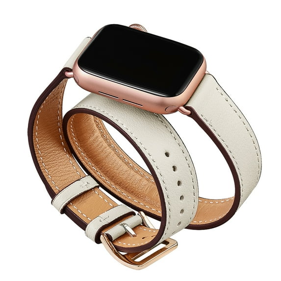 WFEAGL iWatch Band Leather Double Tour Replacement Band 42mm 44mm Ivory/Rose Gold