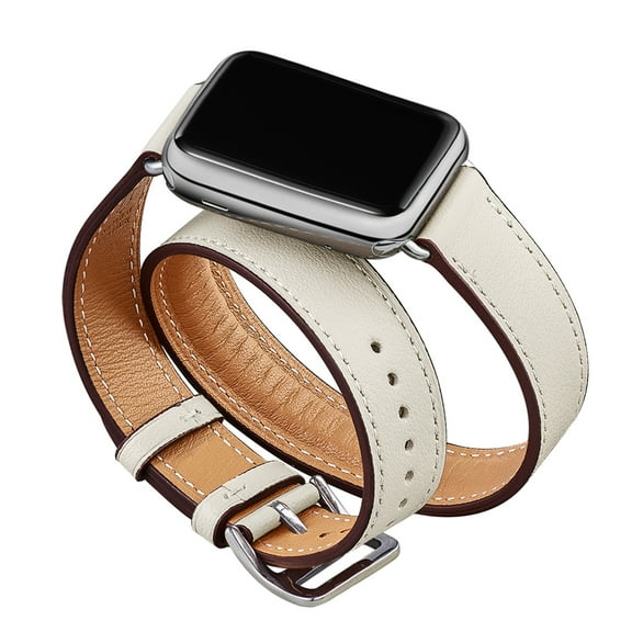 WFEAGL iWatch Band Leather Double Tour Replacement Band 42mm 44mm Ivory/Silver