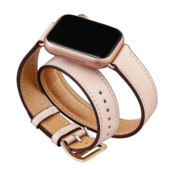 WFEAGL iWatch Band Leather Double Tour Replacement Band 42mm 44mm Pink Sand/Rose Gold