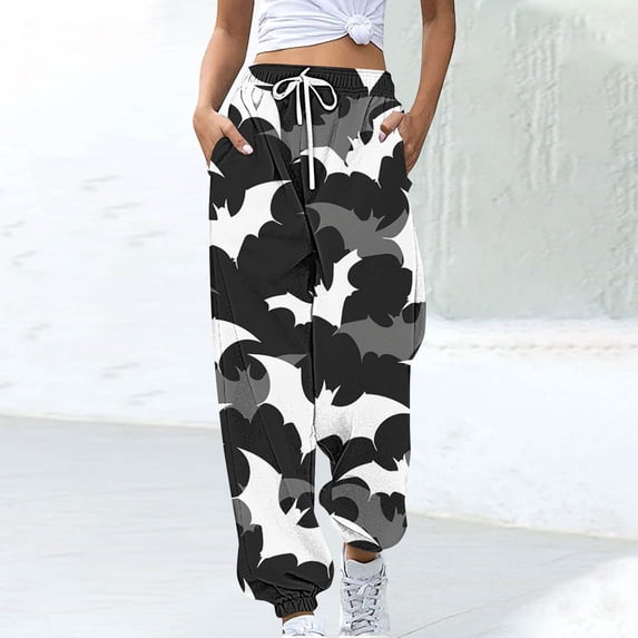 WFJCJPAF 2025 New Halloween Cargo Pants for Women,Women Halloween Fashion Color Blocked Printed Drawstring Pants - Black XL