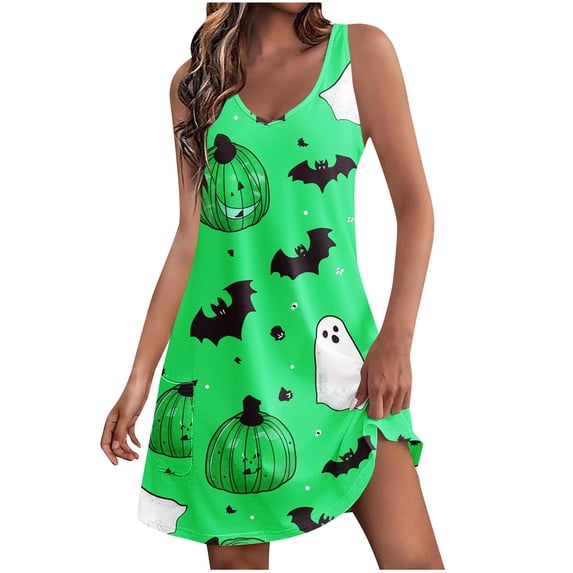 WFJCJPAF 2024 New Halloween Clearance! Halloween Dresses for Short Women,Women's Summer Comfort Fashion Printing Pocket Sleeveless V-Neck Dress - Green S