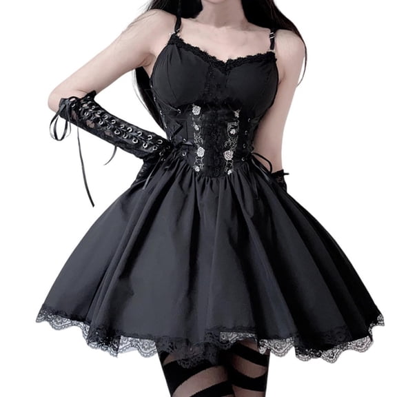 WFJCJPAF 2025 New Halloween Halloween Dresses for Girls,Ladies' Fashion Solid Color Halloween Dark Gothic Little Black Dress Skirt - Black S