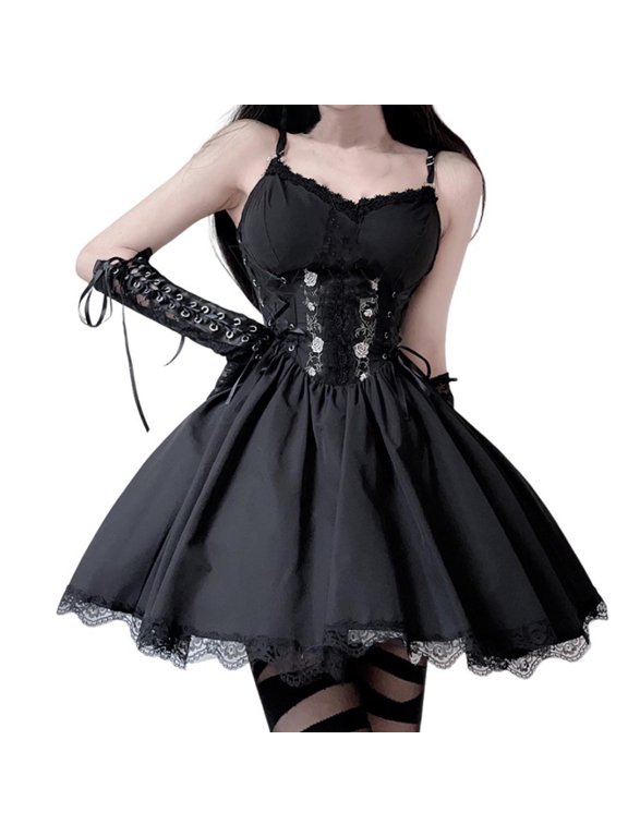 2025 New Halloween Halloween Dresses for Girls,Ladies' Fashion Solid Color Halloween Dark Gothic Little Black Dress Skirt - Black S