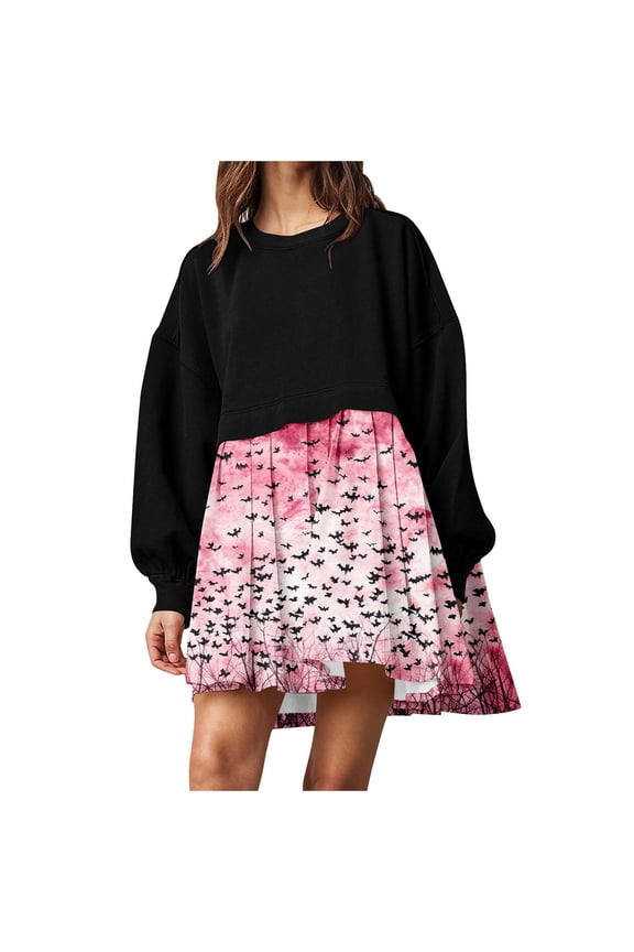 2025 New Halloween Halloween Dresses for Girls,Women's Fashion Casual Comfortable Printed Fold Long Sleeve Round-Neck Dress - Red L