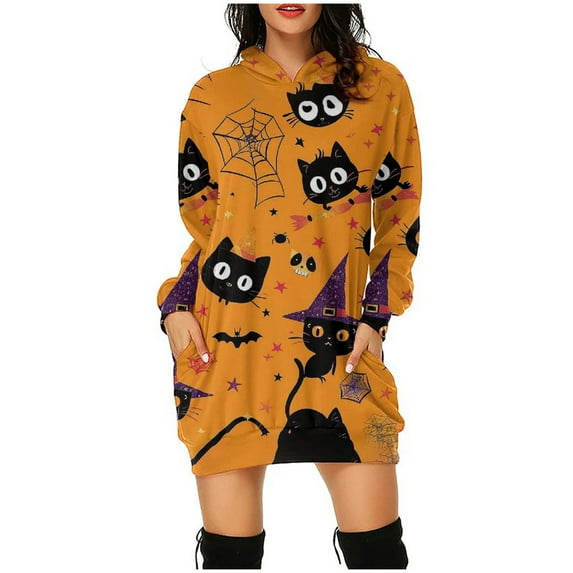 WFJCJPAF 2024 New Halloween ! Halloween Dresses for Girls,Women's Hooded Long Sleeve Halloween Print Dress LooseFashion Mini Dress,Halloween Dresses for Women - Multicolor S