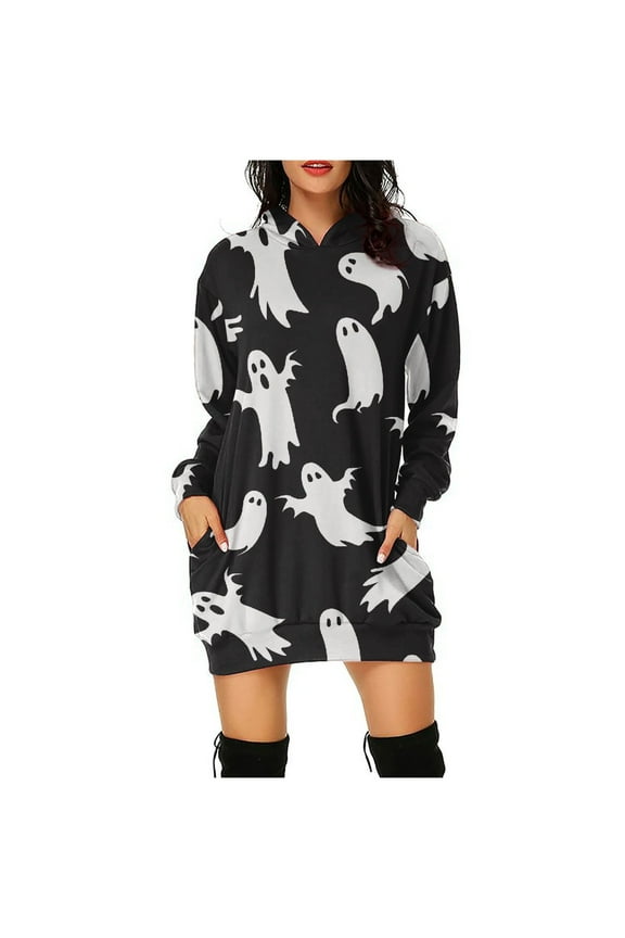 2025 New Halloween Halloween Dresses for Short Women,Women's Hooded Long Sleeve Halloween Print Dress LooseFashion Mini Dress,Halloween Dresses for Women - Multicolor XL