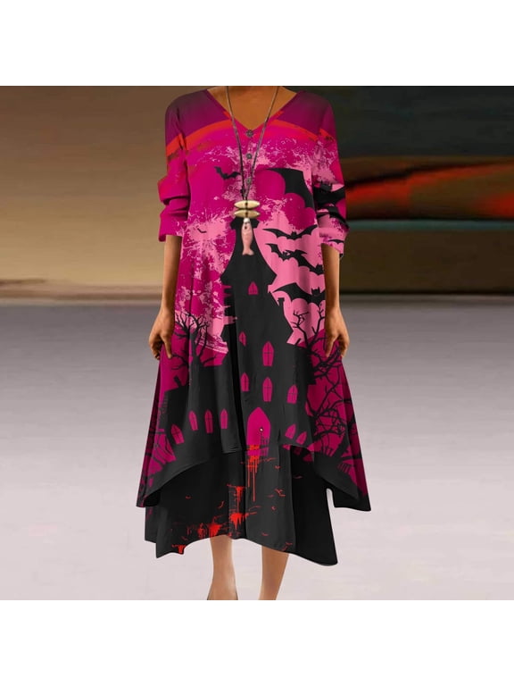 2025 New Halloween Halloween Dresses for Women Plus Size 26,Women's Casual Halloween Print Loose Button Hem Irregular V-neck Dress - Blue XXXXL