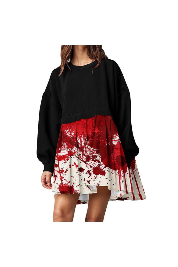 2025 New Halloween Halloween Dresses for Women Plus Size 26,Women's Fashion Casual Comfortable Printed Fold Long Sleeve Round-Neck Dress - Red M