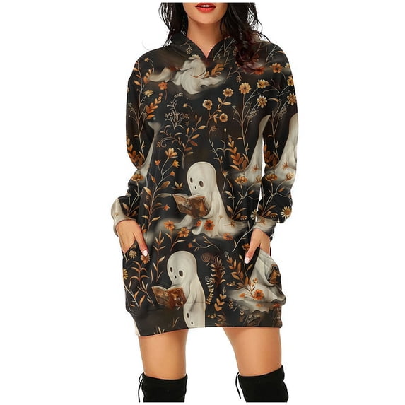 WFJCJPAF 2025 New Halloween Halloween Dresses for Women Plus Size 26,Women's Hooded Long Sleeve Halloween Print Dress LooseFashion Mini Dress,Halloween Dresses for Women - Multicolor S