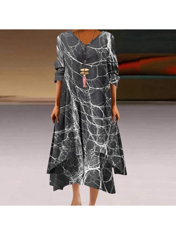 2025 New Halloween Halloween Dresses for Women Plus Size for Summer,Women's Casual Halloween Print Loose Button Hem Irregular V-neck Dress - Blue XL