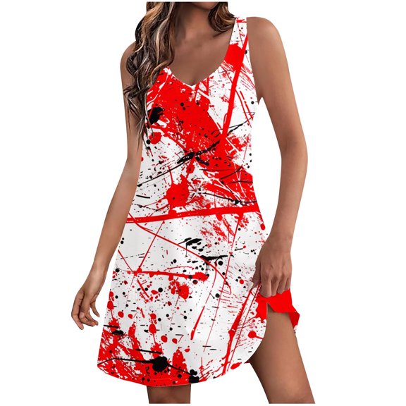 WFJCJPAF 2025 New Halloween Halloween Dresses for Women Plus Size for Summer,Women's Summer Comfort Fashion Printing Pocket Sleeveless V-Neck Dress - Red M