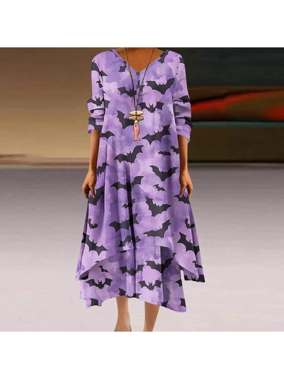 2025 New Halloween Halloween Dresses for Women Plus Size,Women's Casual Halloween Print Loose Button Hem Irregular V-neck Dress - Blue M