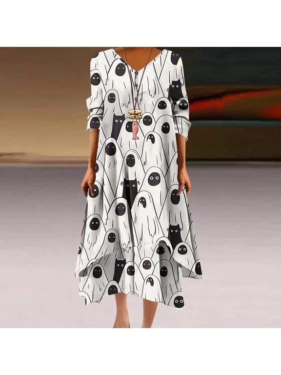 2025 New Halloween Halloween Dresses for Women Plus Size,Women's Casual Halloween Print Loose Button Hem Irregular V-neck Dress - Blue M