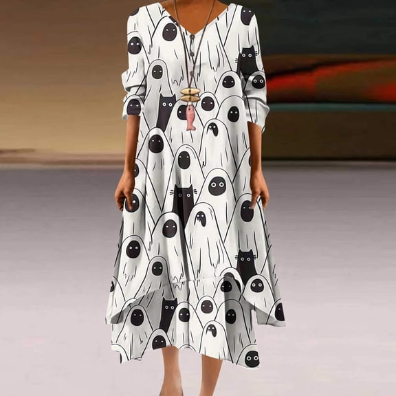 WFJCJPAF 2025 New Halloween Halloween Dresses for Women Plus Size,Women's Casual Halloween Print Loose Button Hem Irregular V-neck Dress - Blue XXXL