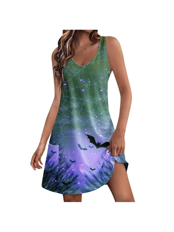 2025 New Halloween Halloween Dresses for Women Plus Size,Women's Summer Comfort Fashion Printing Pocket Sleeveless V-Neck Dress - Blue XXL
