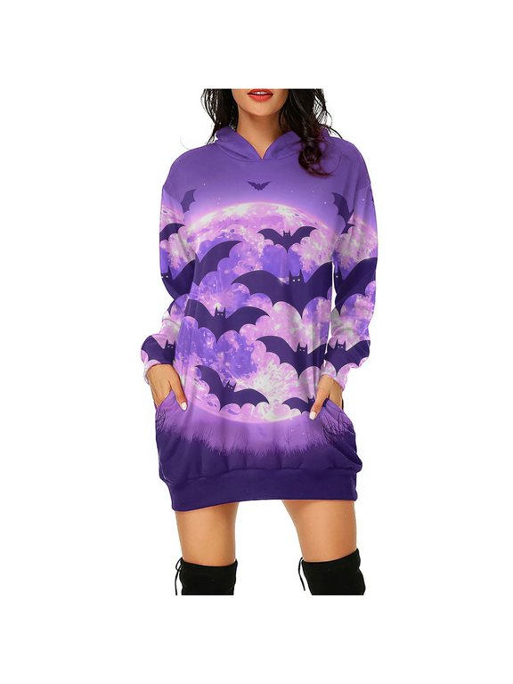 2025 New Halloween Halloween Dresses for Women Short,Women's Hooded Long Sleeve Halloween Print Dress LooseFashion Mini Dress,Halloween Dresses for Women - Multicolor M