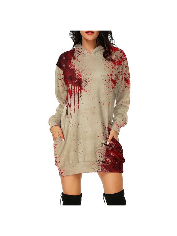 2025 New Halloween Halloween Dresses for Women,Women's Hooded Long Sleeve Halloween Print Dress LooseFashion Mini Dress,Halloween Dresses for Women - Multicolor XXXL