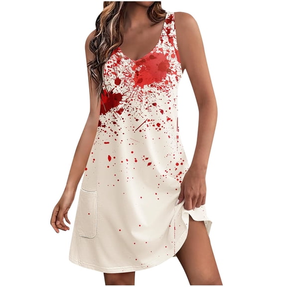 WFJCJPAF 2025 New Halloween Halloween Dresses for Women You Wear to Halloween Wedding,Women's Summer Comfort Fashion Printing Pocket Sleeveless V-Neck Dress - Red S