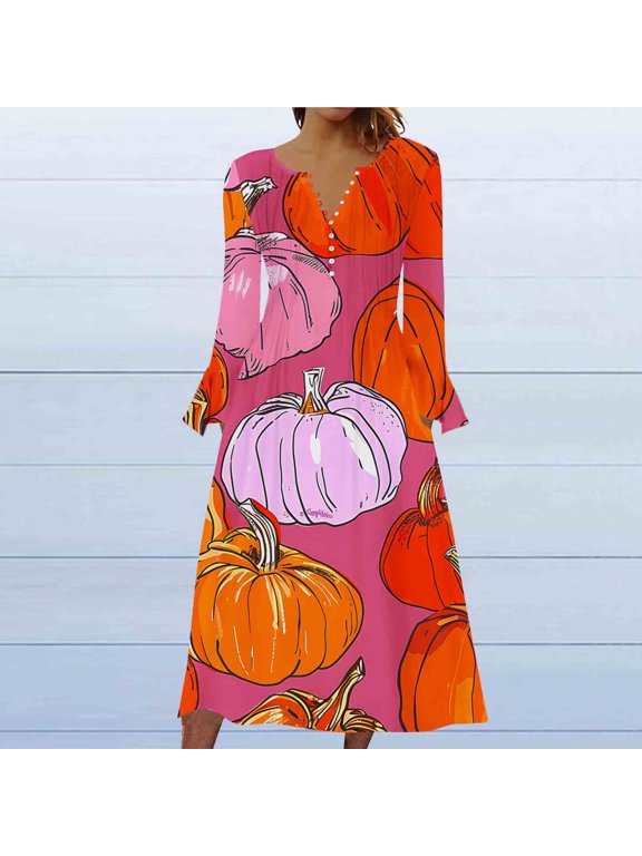 2024 New Halloween ! Halloween Dresses for Short Women,Women's Fashion Printed Casual Long Sleeve V-Neck Dress - Orange S