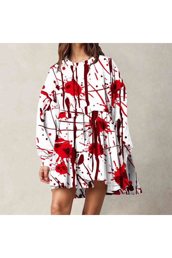 2025 New Halloween Halloween Dresses for Short Women,Women's Fashion Printed Long Sleeve Round-Neck Mid-Calf Dress - White M