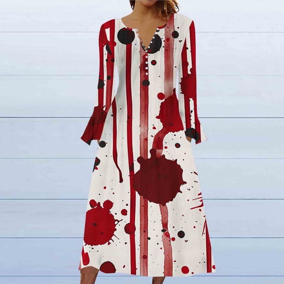 WFJCJPAF 2025 New Halloween Halloween Dresses for Women Long Sleeve,Women's Fashion Printed Casual Long Sleeve V-Neck Dress - White M