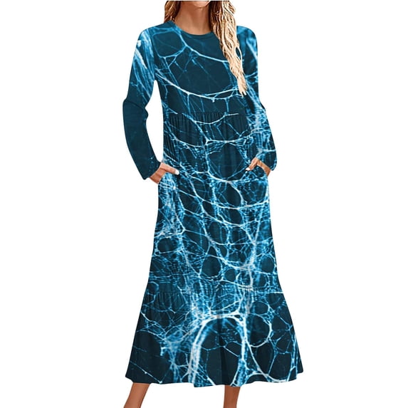 WFJCJPAF 2025 New Halloween Halloween Dresses for Women Plus Size,Women's Fashion Casual Printed Long Sleeve Round-Neck Dress - Blue XL